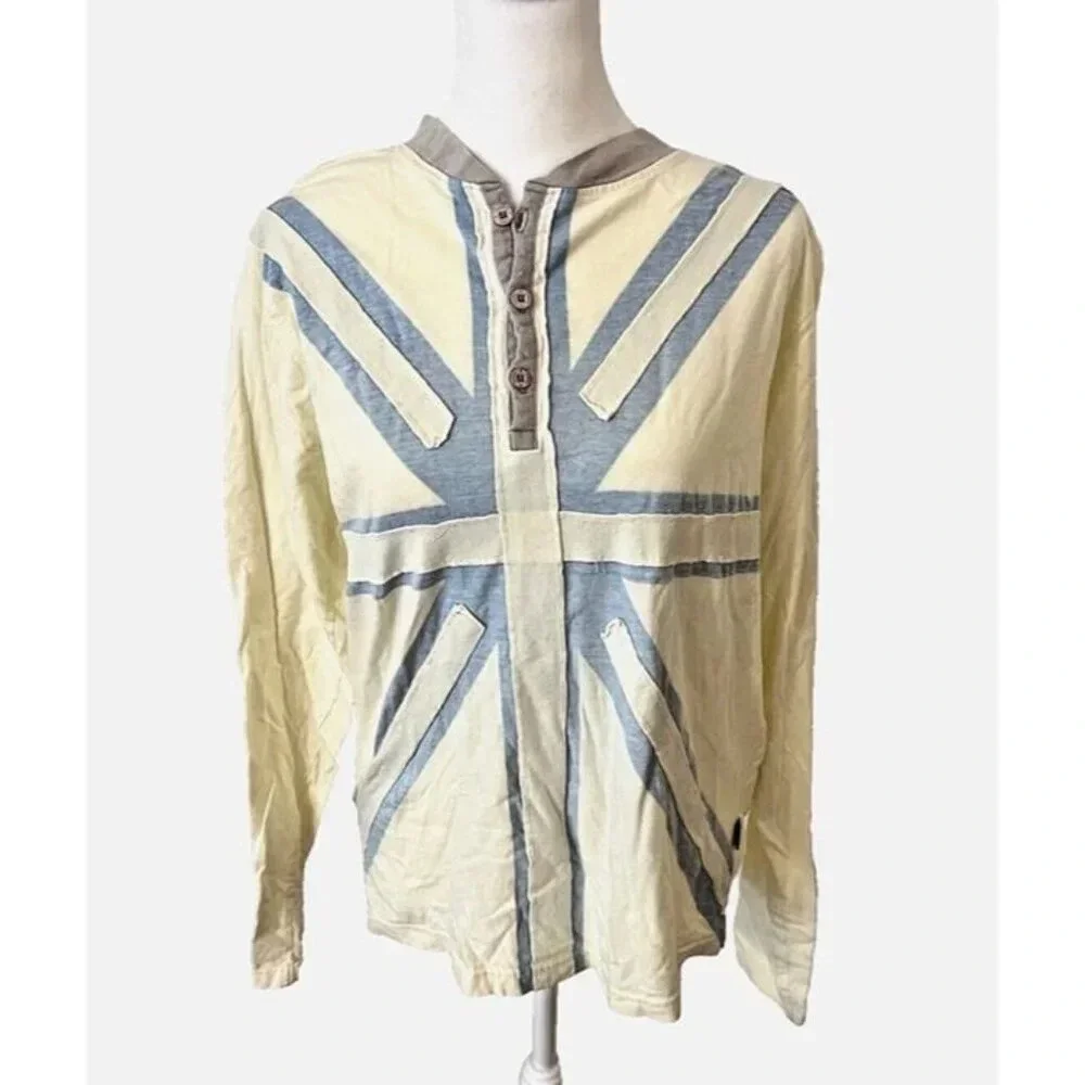Y2K Distressed British English Laundry Long Sleeve Light Weight Henley Shirt - Picture 1 of 5